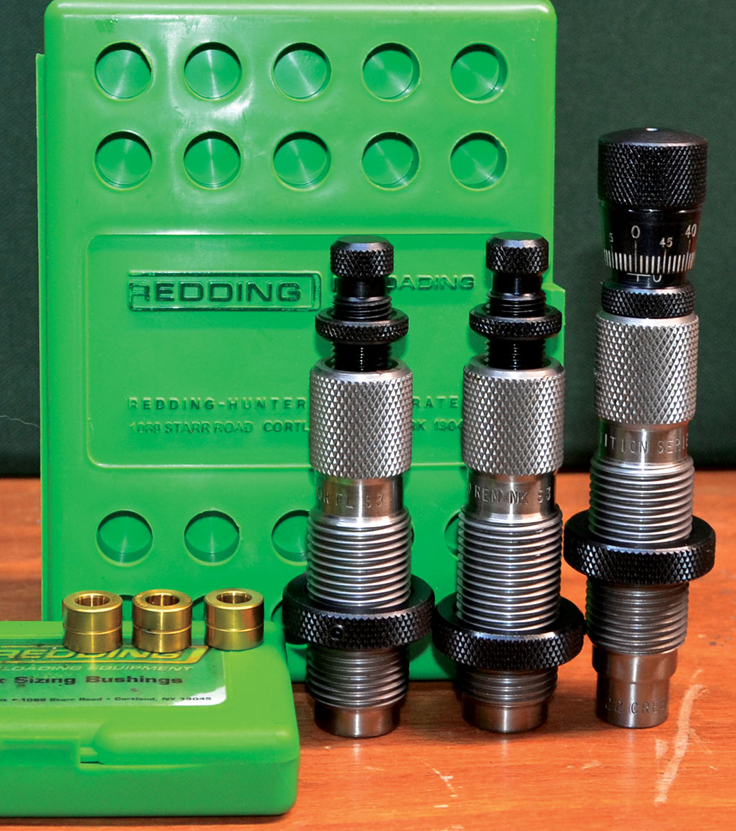 Layne uses Redding dies when loading ammunition for his quick-twist rifle in 220 Swift. After Nosler virgin 220 Swift cases are full-length resized, necks are outside-turned to a diameter of .254 inch with bullet seated. From that point on, cases are neck-sized only with a Redding bushing die with a .252-inch bushing installed. After several firings, cases became a bit difficult to chamber, the neck-sizing die, along with the No. 1 shellholder from Redding’s Competition Shellholder Set, are used to bump shoulders back .005 inch. Bullets are seated with a Redding Competition seating die.